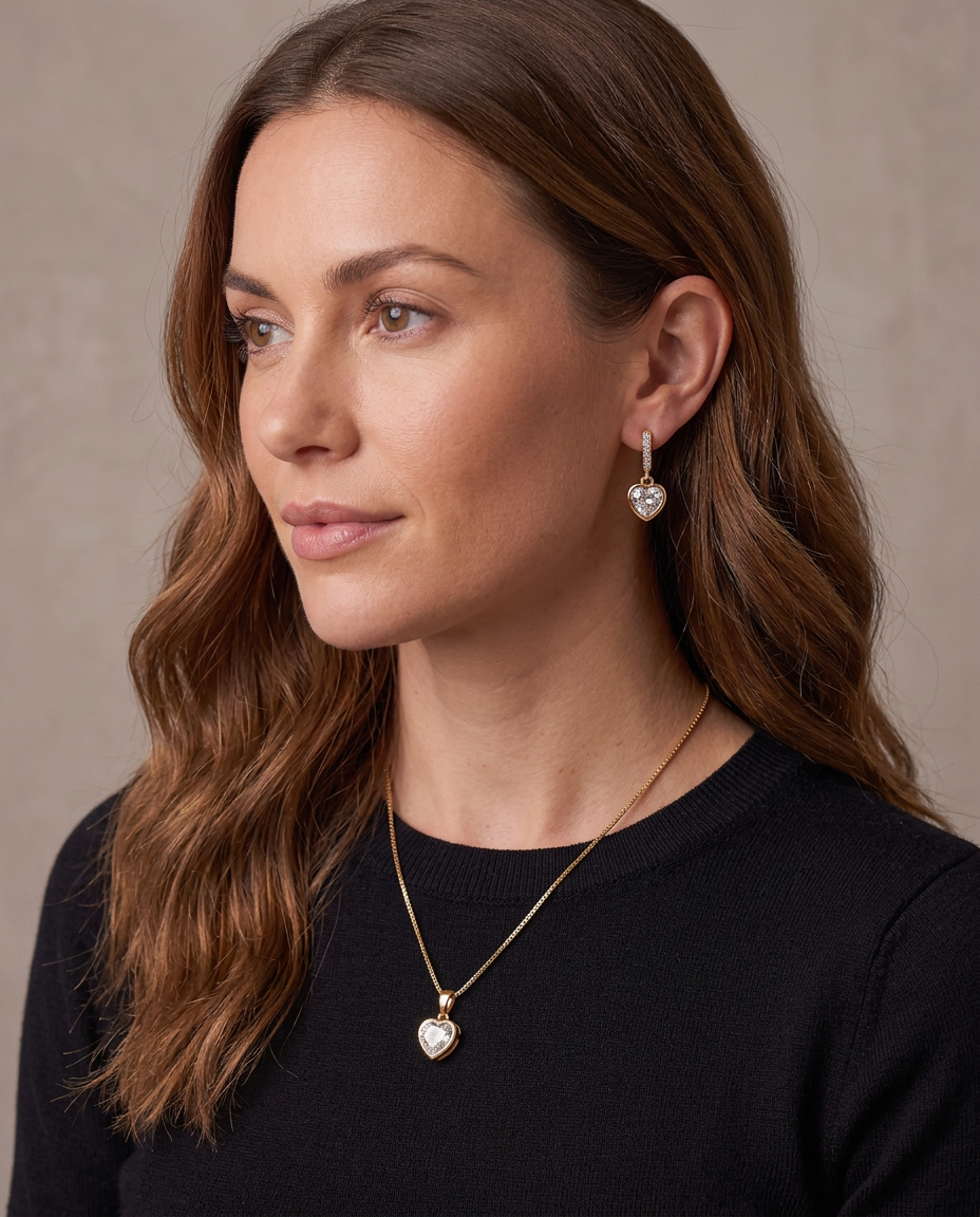 Set de collar y pendientes Estela, vista de tres cuartos - Corazón de cristal