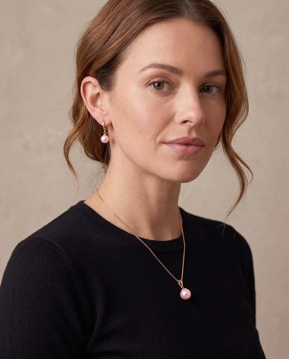 Set de collar y pendientes Estela, detalle - Perla rosa
