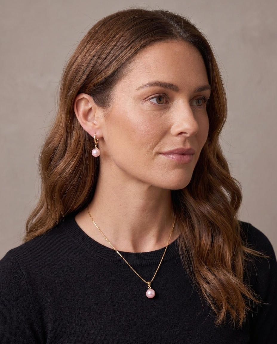 Set de collar y pendientes Estela, vista de tres cuartos - Perla rosa