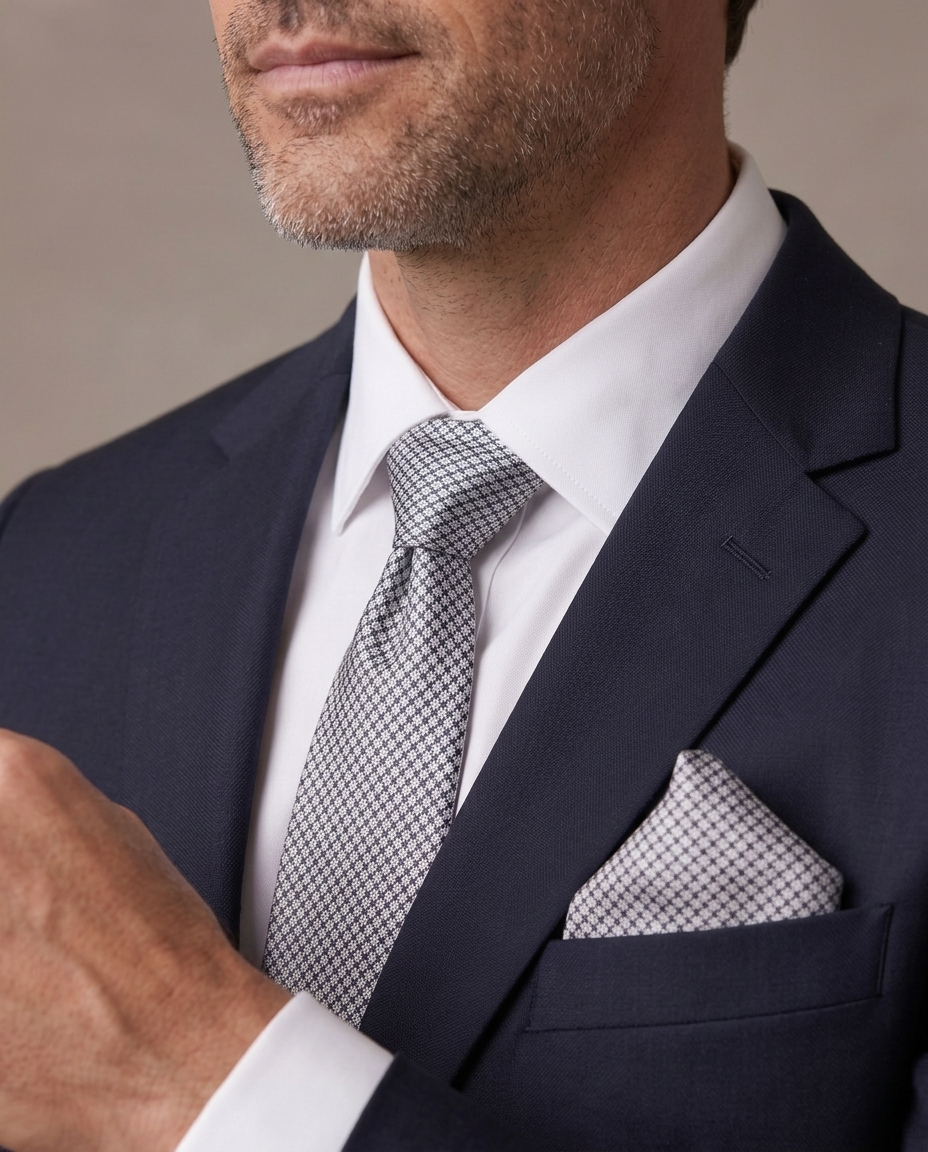 Set de corbata, pañuelo y gemelos Vittorio, primer plano - Plata