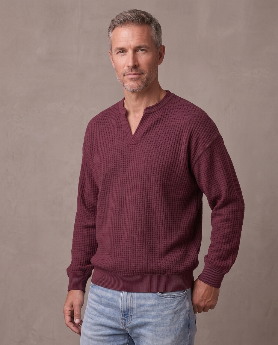 Jersey de gofre efecto capas Iker, vista de tres cuartos - Granate