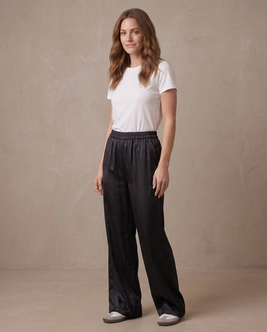 Pantalón ancho satinado de cintura elástica Begoña, cuerpo entero - Negro