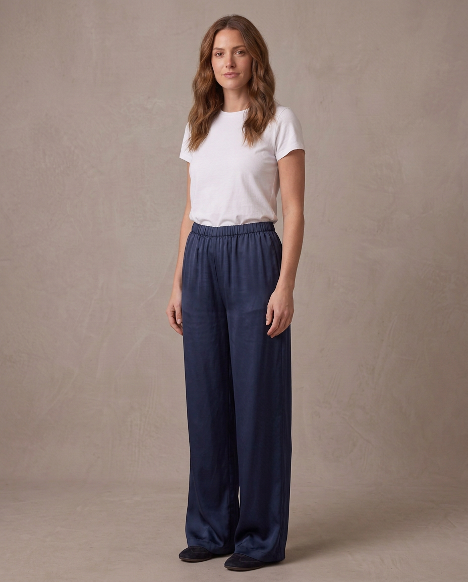 Pantalón ancho satinado de cintura elástica Begoña, cuerpo entero - Azul marino