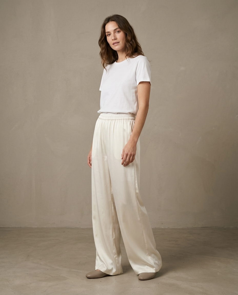 Pantalón ancho satinado de cintura elástica Begoña, cuerpo entero, crudo, otra modelo (antigua)