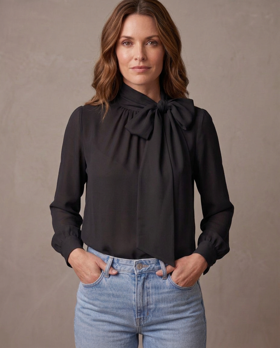 Blusa de gasa con lazo Sofía, vista de frente - Negro