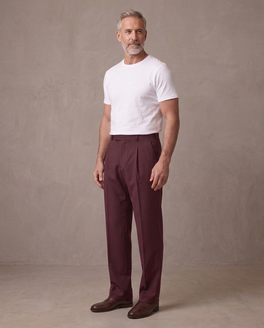 Pantalón de vestir de pinzas Aurelio, vista de tres cuartos - Burdeos