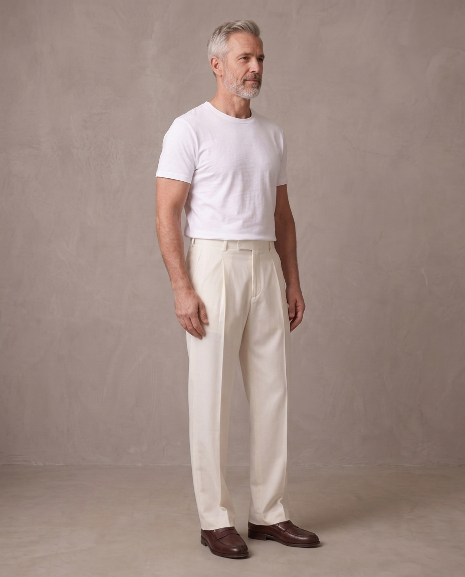 Pantalón de vestir de pinzas Aurelio, vista de tres cuartos - Crudo