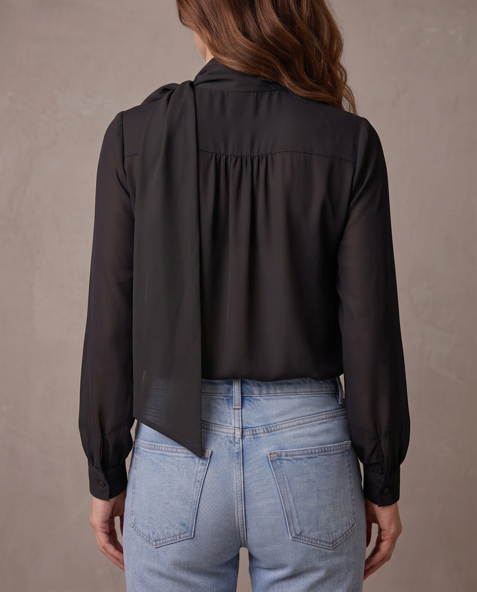 Blusa de gasa con lazo Sofía, vista de espalda - Negro