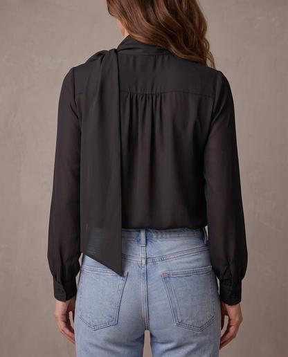 Blusa de gasa con lazo Sofía, vista de espalda - Negro