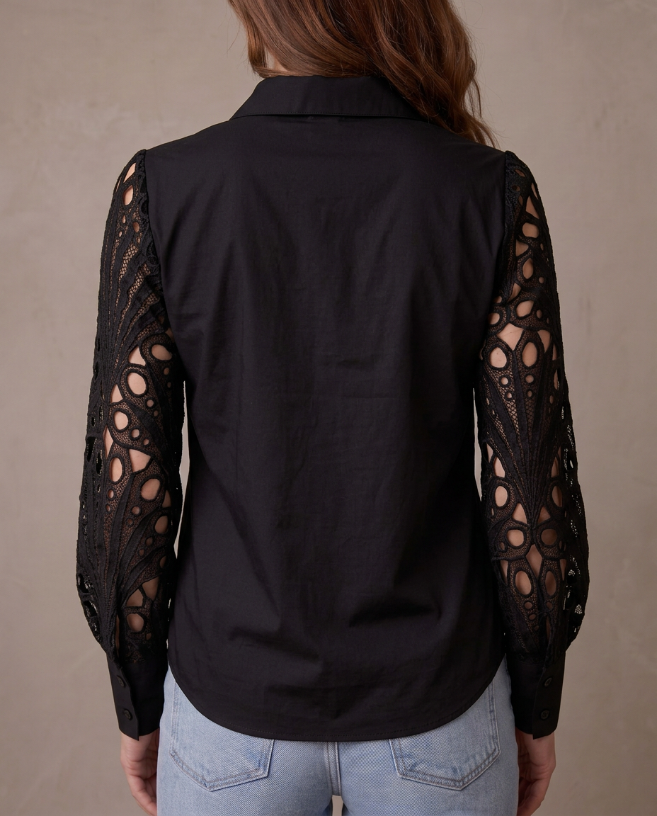 Camisa con mangas de encaje calado Alba, vista de espalda - Negro