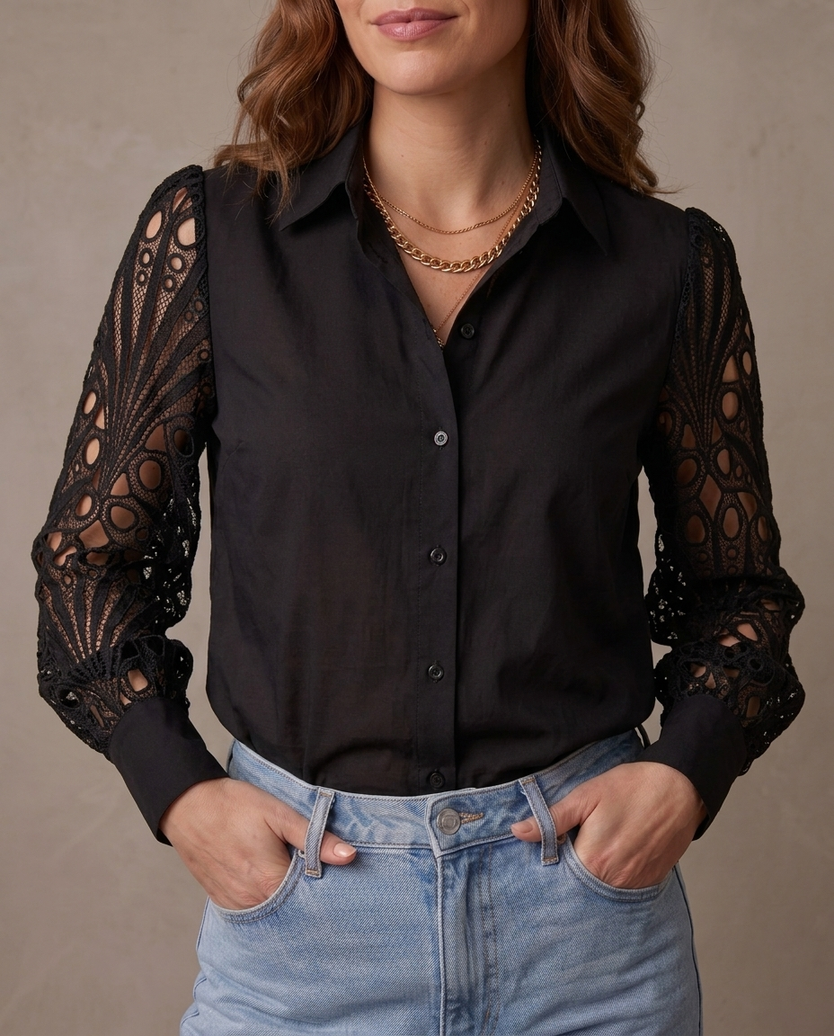 Camisa con mangas de encaje calado Alba, vista de frente - Negro