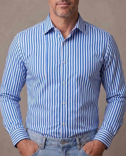 Camisa de rayas sin planchar Lorenzo, vista de frente - Raya azul