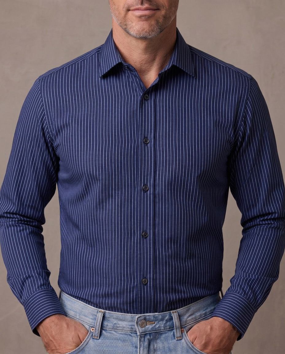 Camisa de rayas sin planchar Lorenzo, vista de frente - Raya marino
