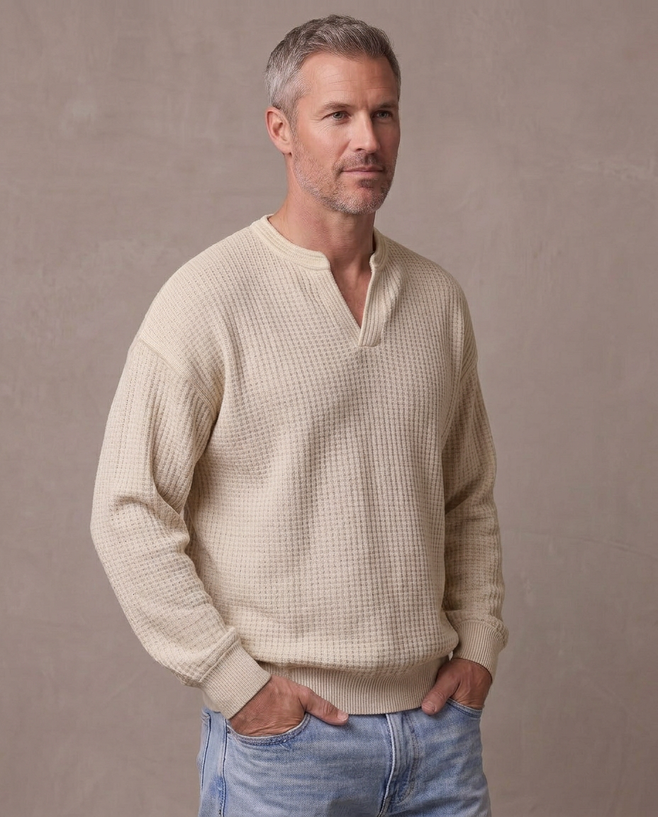 Jersey de gofre efecto capas Iker, vista de tres cuartos - Beige