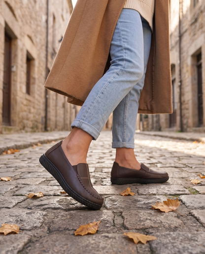 Zapato cómodo de piel sintética Pilar, puesto en la calle - Marrón