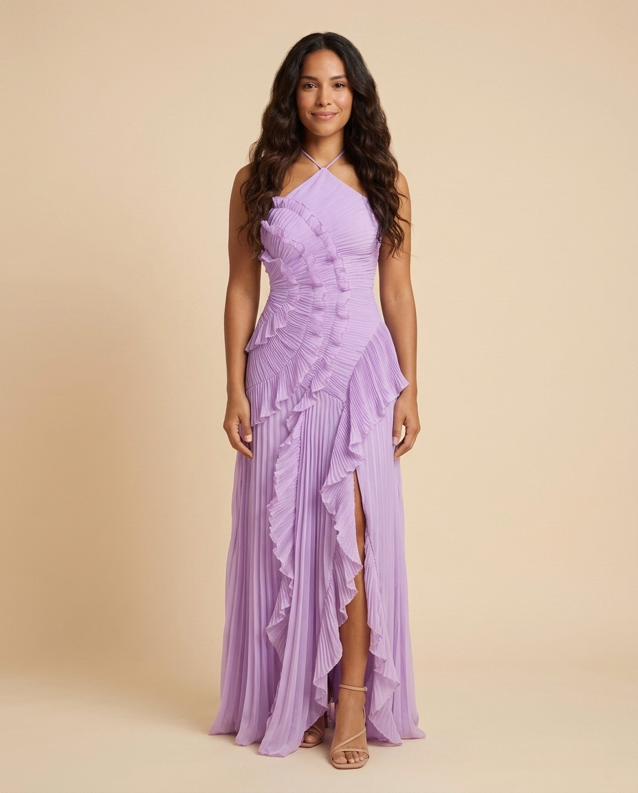 Vestido maxi plisado con volantes Celeste - Violeta