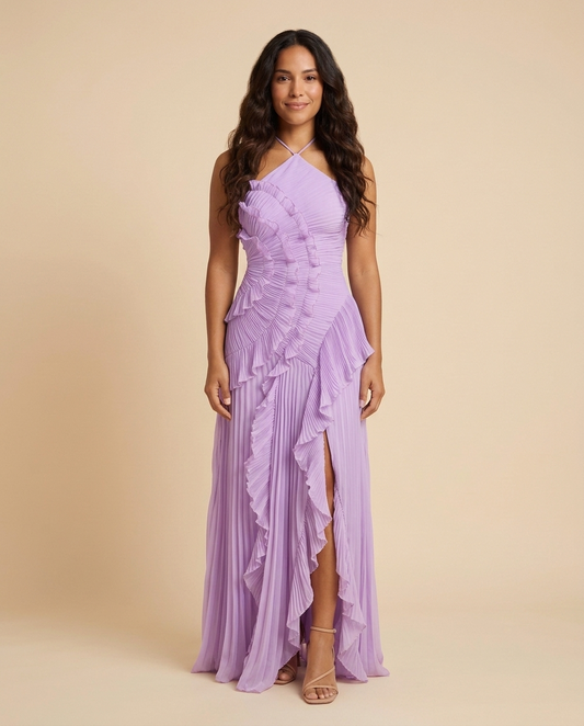 Vestido maxi plisado con volantes Celeste - Violeta