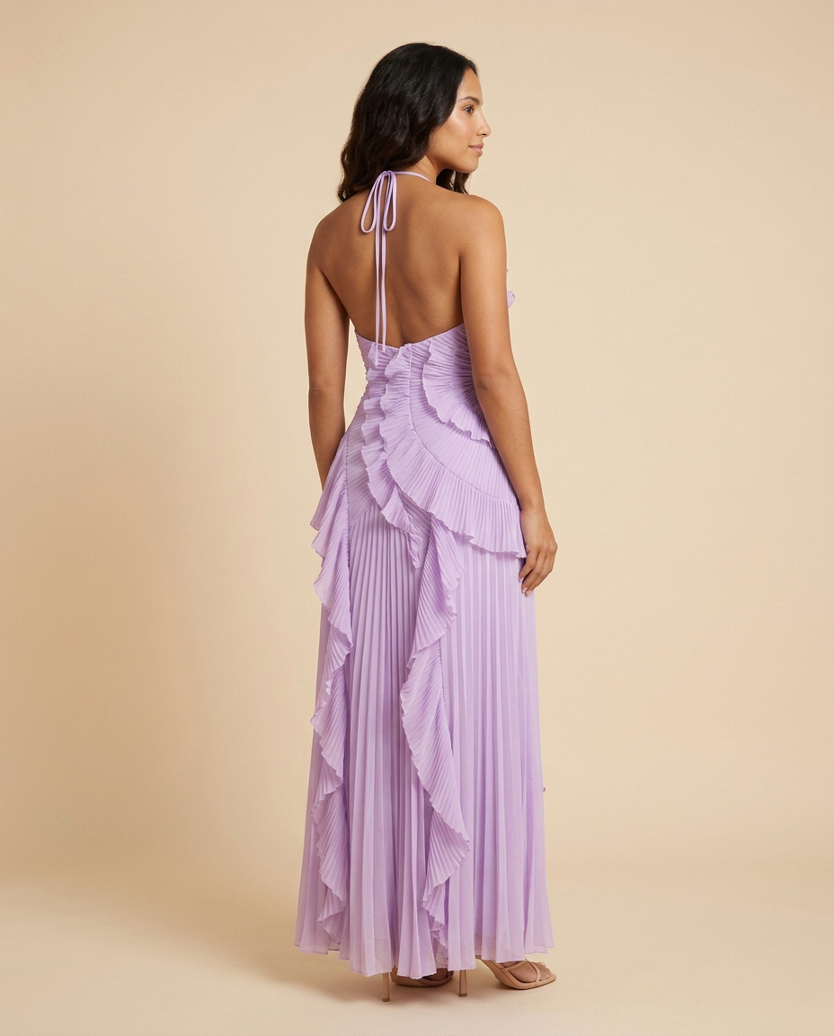 Vestido maxi plisado con volantes Celeste - Violeta