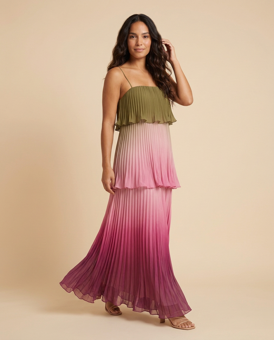 Vestido maxi plisado multicolor con volantes Liora