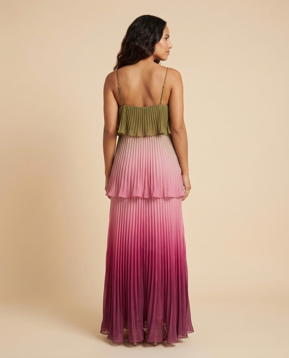 Vestido maxi plisado multicolor con volantes Liora