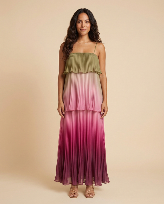 Vestido maxi plisado multicolor con volantes Liora