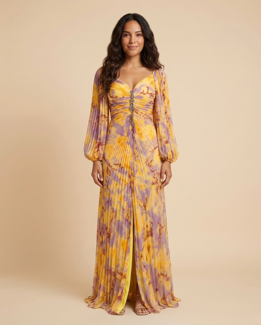 Vestido maxi estampado con fruncido central Aitana - Amarillo