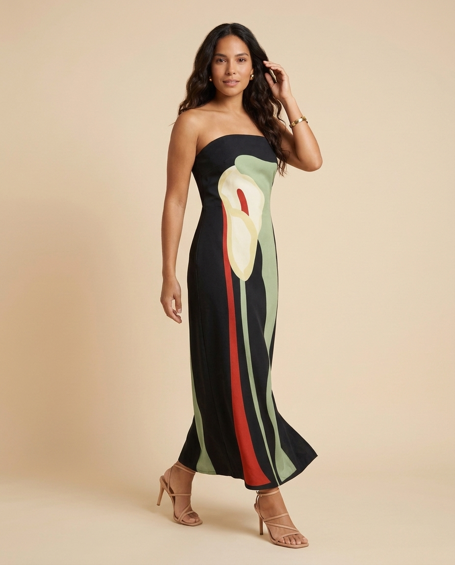 Vestido maxi palabra de honor con estampado artístico Aurelia - Flor Verde