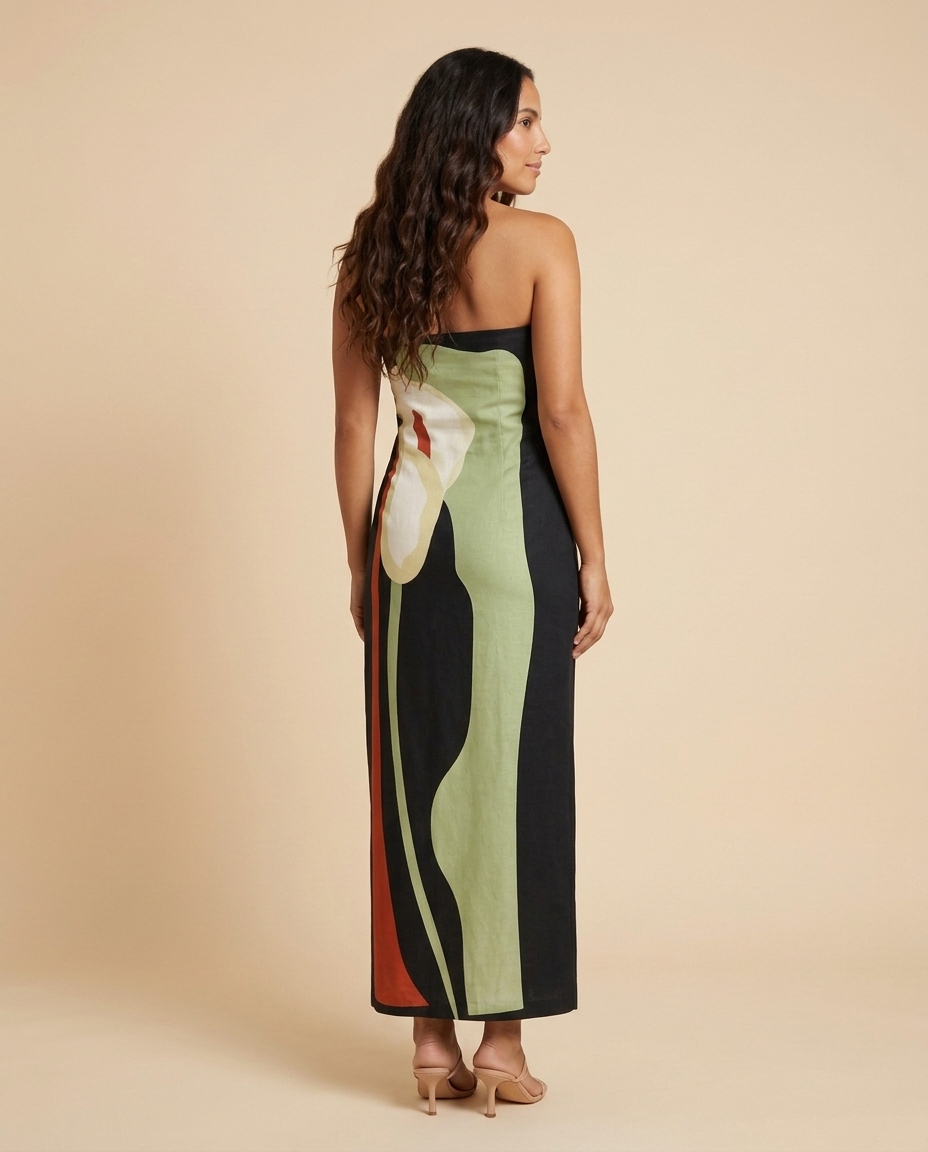 Vestido maxi palabra de honor con estampado artístico Aurelia - Flor Verde