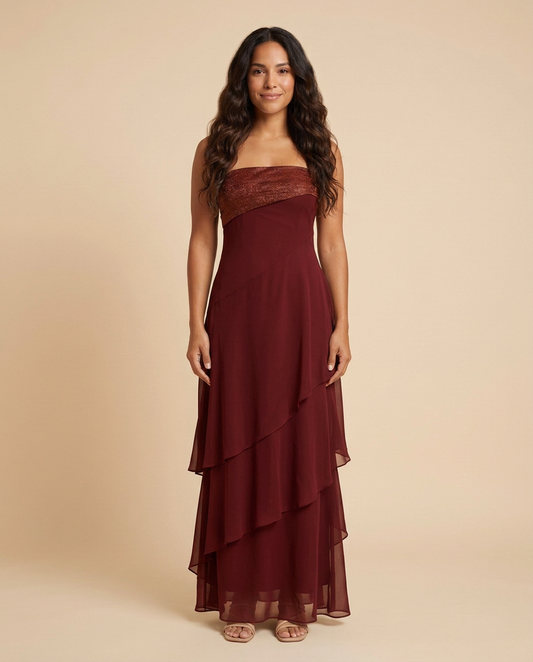 Vestido maxi palabra de honor con falda de volantes Marina
