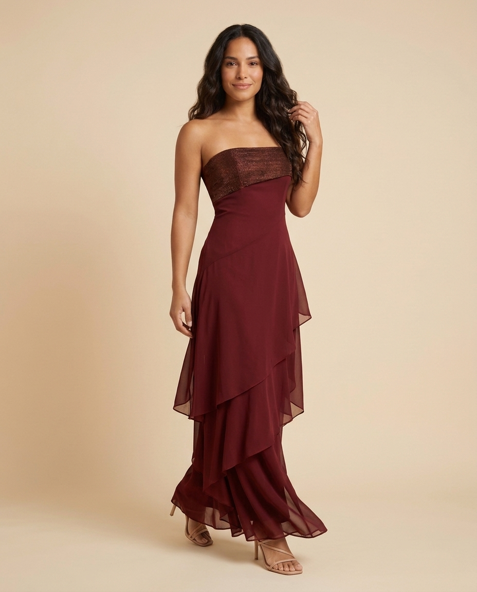 Vestido maxi palabra de honor con falda de volantes Marina