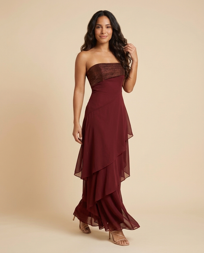 Vestido maxi palabra de honor con falda de volantes Marina