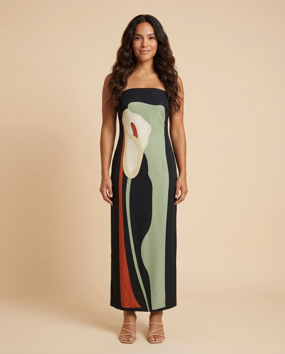 Vestido maxi palabra de honor con estampado artístico Aurelia - Flor Verde