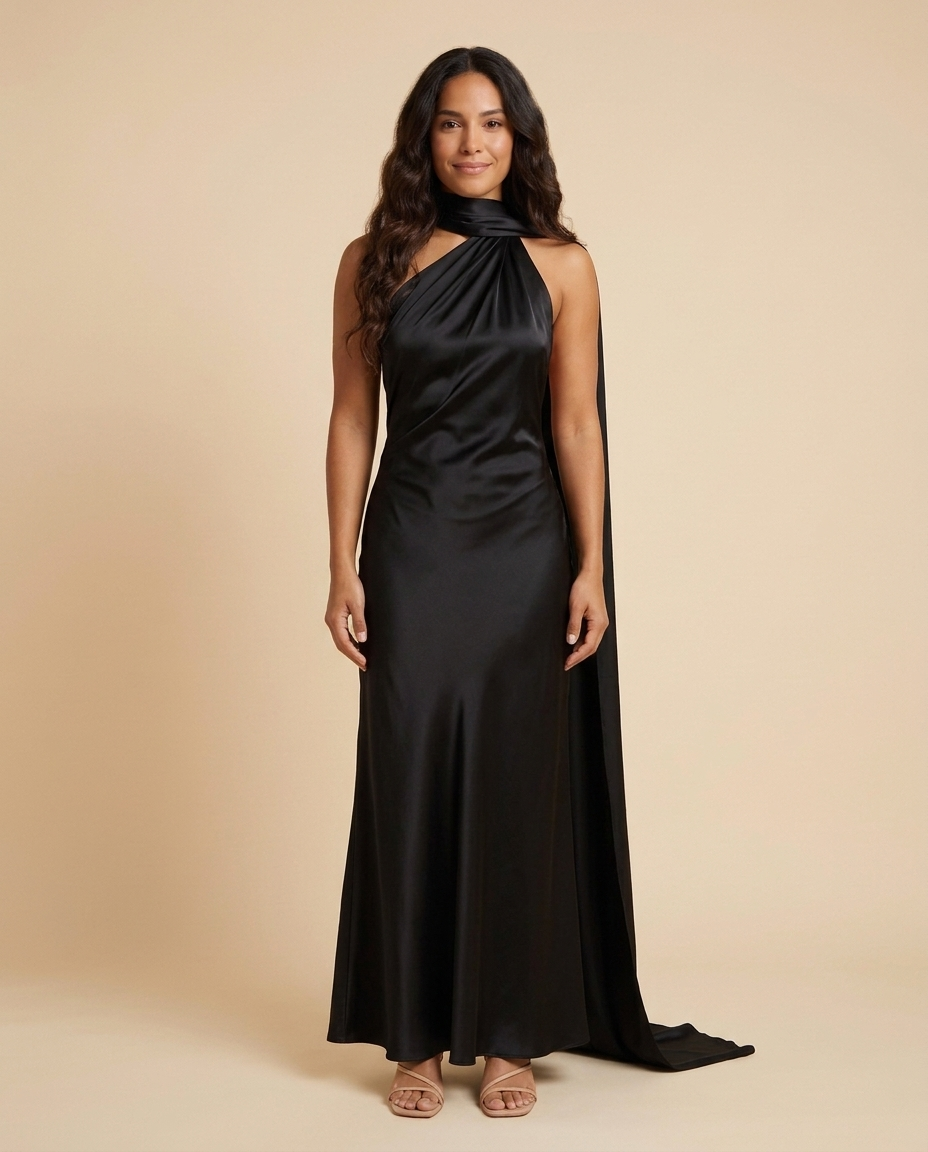 Vestido maxi satinado asimétrico Vittoria - Negro