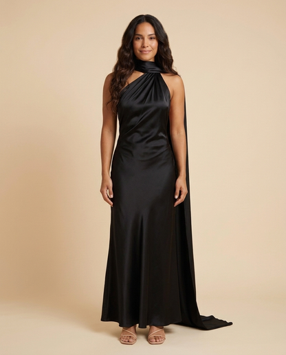 Vestido maxi satinado asimétrico Vittoria - Negro