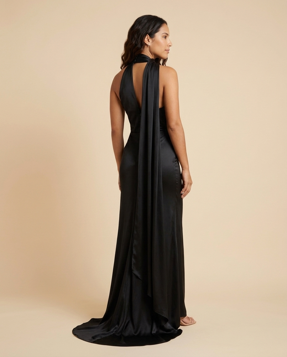Vestido maxi satinado asimétrico Vittoria - Negro