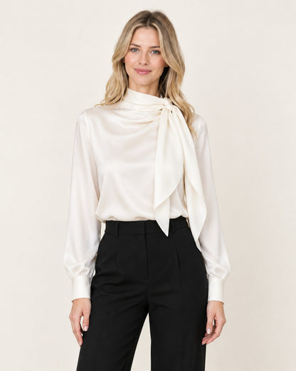 Blusa de saten con lazada al cuello Ines - Blanco