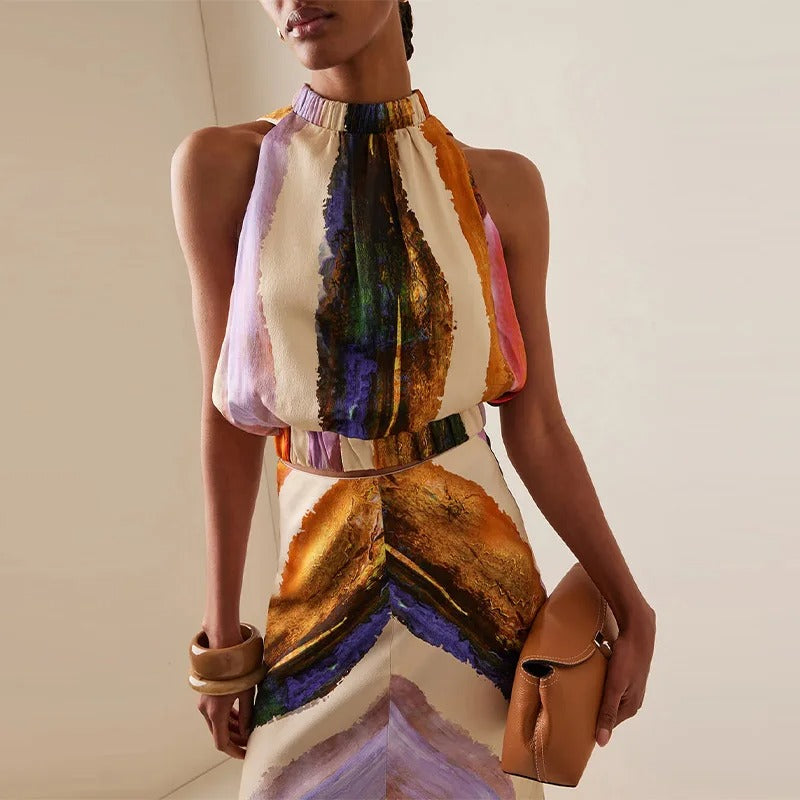 Conjunto de dos piezas halter con estampado artístico Élodie