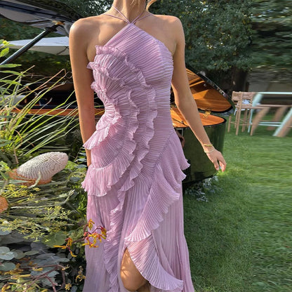 Vestido maxi plisado con volantes Celeste (foto del proveedor)