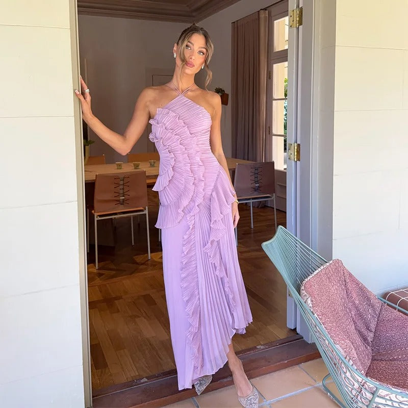 Vestido maxi plisado con volantes Celeste (foto del proveedor)
