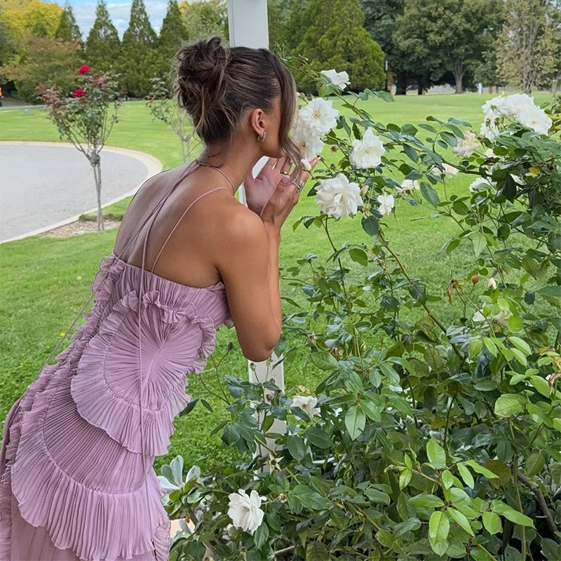 Vestido maxi plisado con volantes Celeste (foto del proveedor)