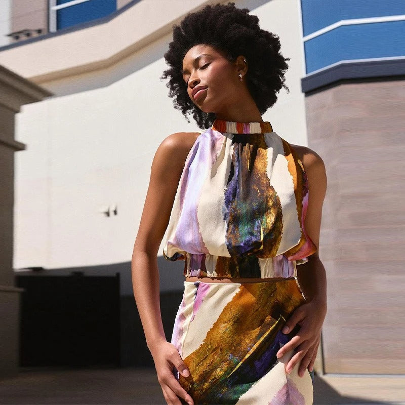 Conjunto de dos piezas halter con estampado artístico Élodie
