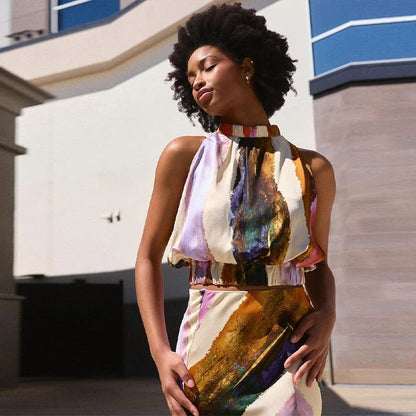 Conjunto de dos piezas halter con estampado artístico Élodie