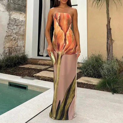 Vestido maxi palabra de honor con estampado artístico Aurelia (foto del proveedor)