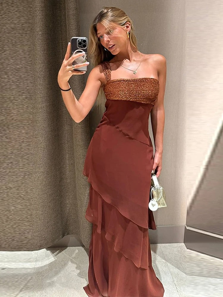 Vestido maxi palabra de honor con falda de volantes Marina (foto del proveedor)