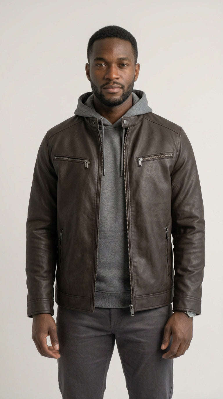 Mason Roadster Jacket - chaqueta motera de piel sintética marrón oscuro modelada - Marrón