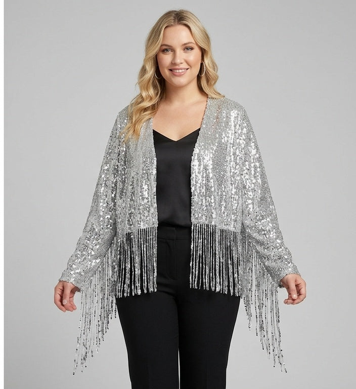 Chaqueta retro de lentejuelas - modelo con chaqueta de lentejuelas con flecos