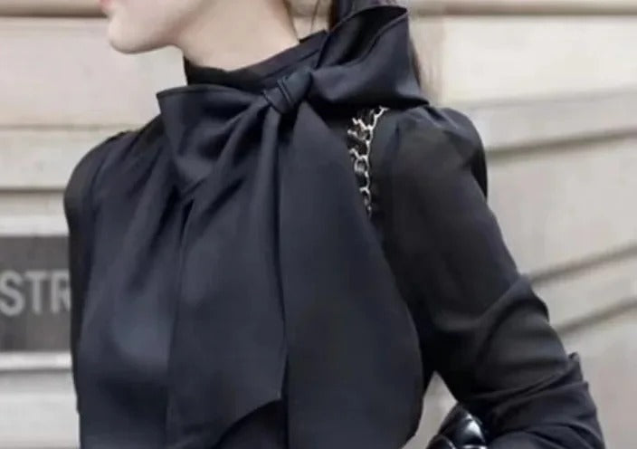 Blusa de gasa con lazo Sofía, negro (antigua)